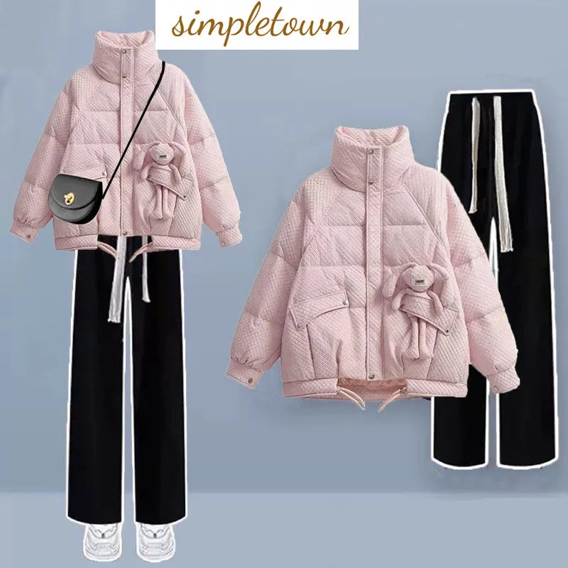 Korean Style Loose and Thickened Cotton Jacket Price Casual Wide Leg Pants Two-piece Elegant Women's Pants Set Winter Outfits