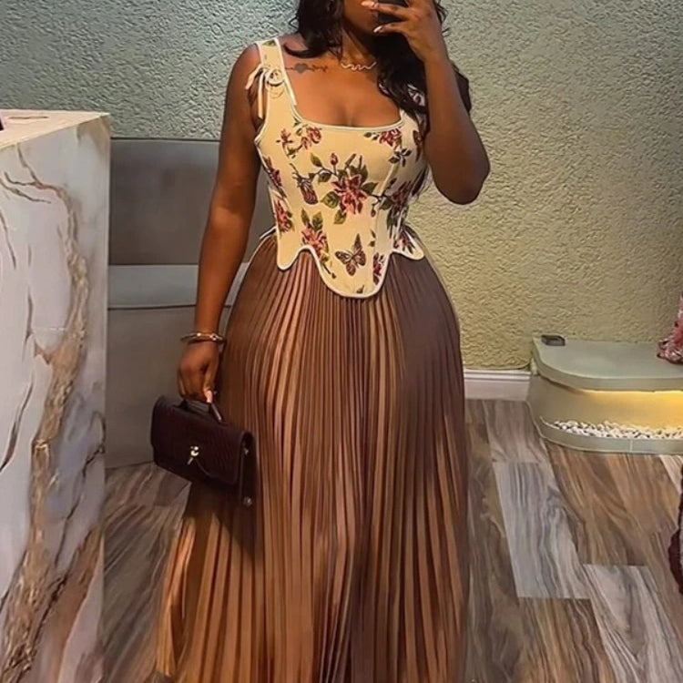 CM.YAYA Women's Set Floral Print Waist-cinching Vest +Pleated Long Skirts Suit 2025 Party Evening Street Two 2 Piece Set Outfit