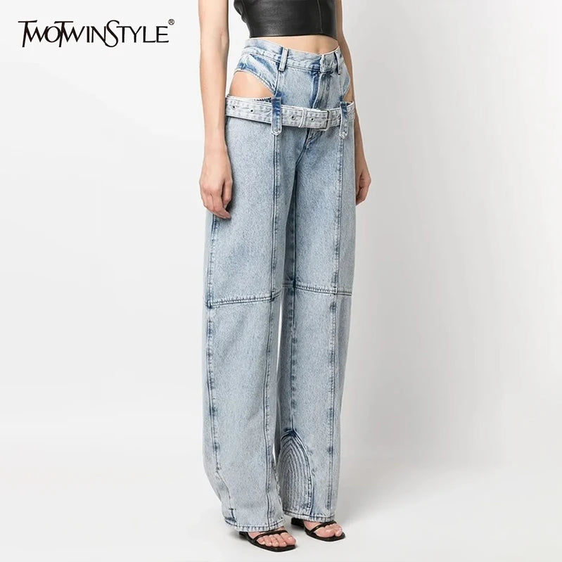 TWOTWINSTYLE Casual Cut Out Denim Trousers For Women High Waist Patchwork Belt Vintage Streetwear Jean Female Fashion Clothing