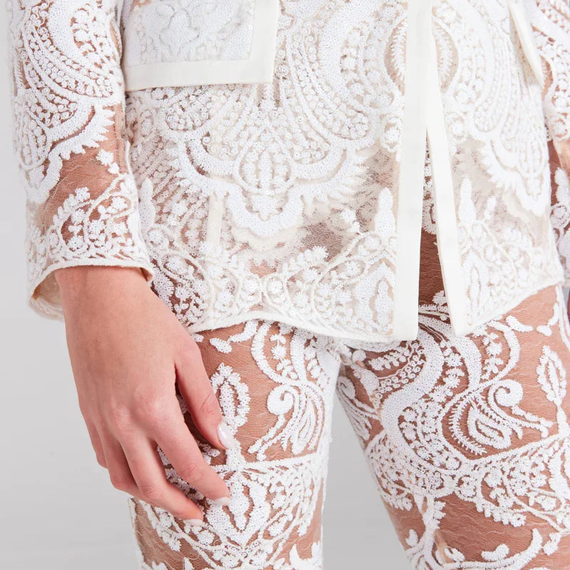 2023 High Quality White Lace Fashionable Woman Set Sexy See Through Suit Coat And Flare Pants 2 Pieces Evening Party Outfit