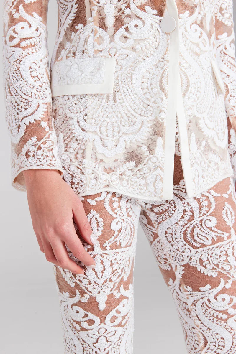 2023 High Quality White Lace Fashionable Woman Set Sexy See Through Suit Coat And Flare Pants 2 Pieces Evening Party Outfit