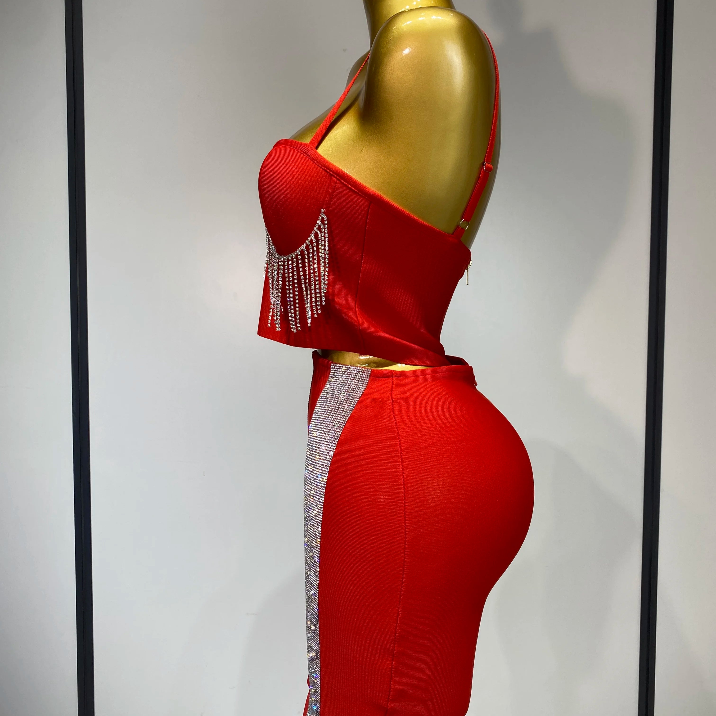 Women Sexy Sling Backless Tassels Bandage Skirt Two Piece Set 2025 Knitted Celebrity Elegant Evening Luxury Birthday Dresses