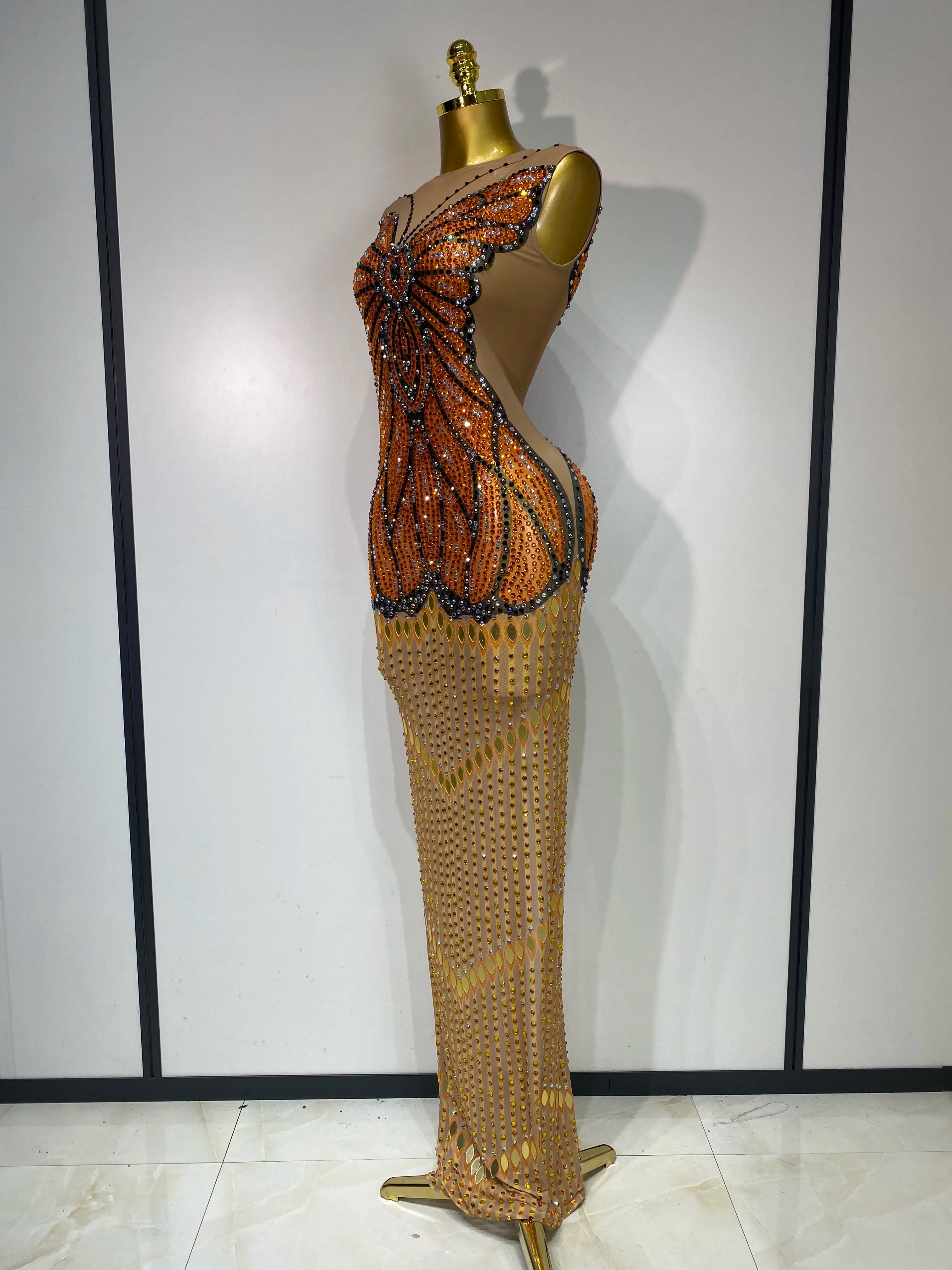 Luxury Rhinestones Mesh Long Dress 2025 Elegant Sexy Sleeveless Birthday Evening Party Gown Performance Singer Stage Outfit