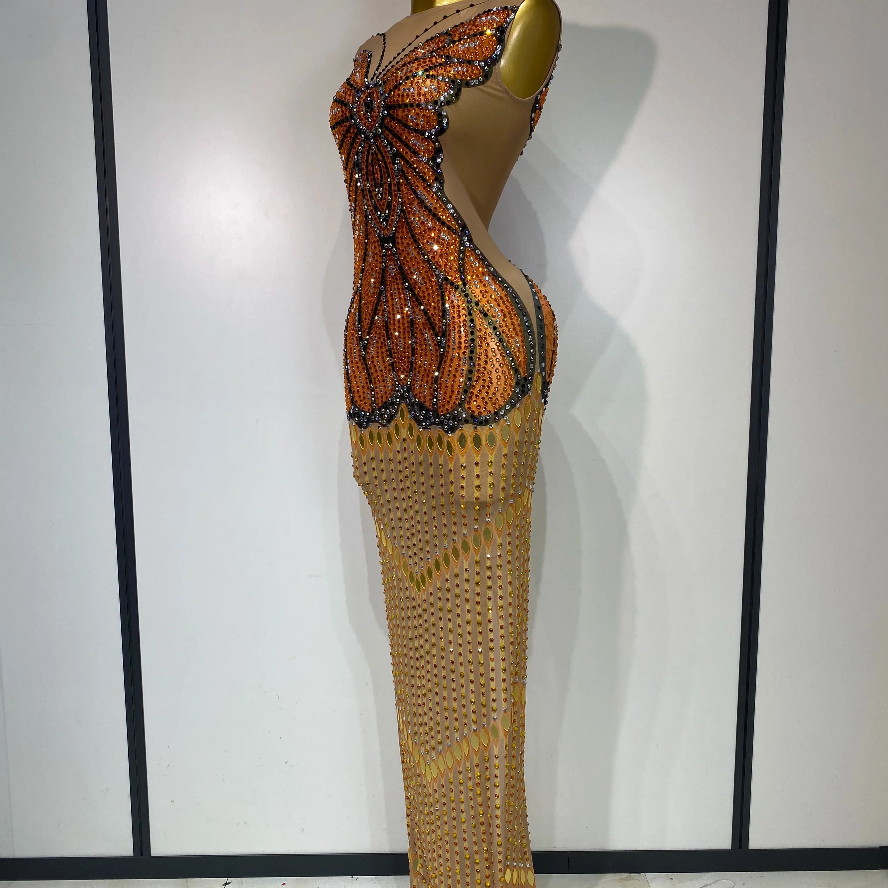 Luxury Rhinestones Mesh Long Dress  Elegant Sexy Sleeveless Birthday Evening Party Gown Performance Singer Stage Outfit