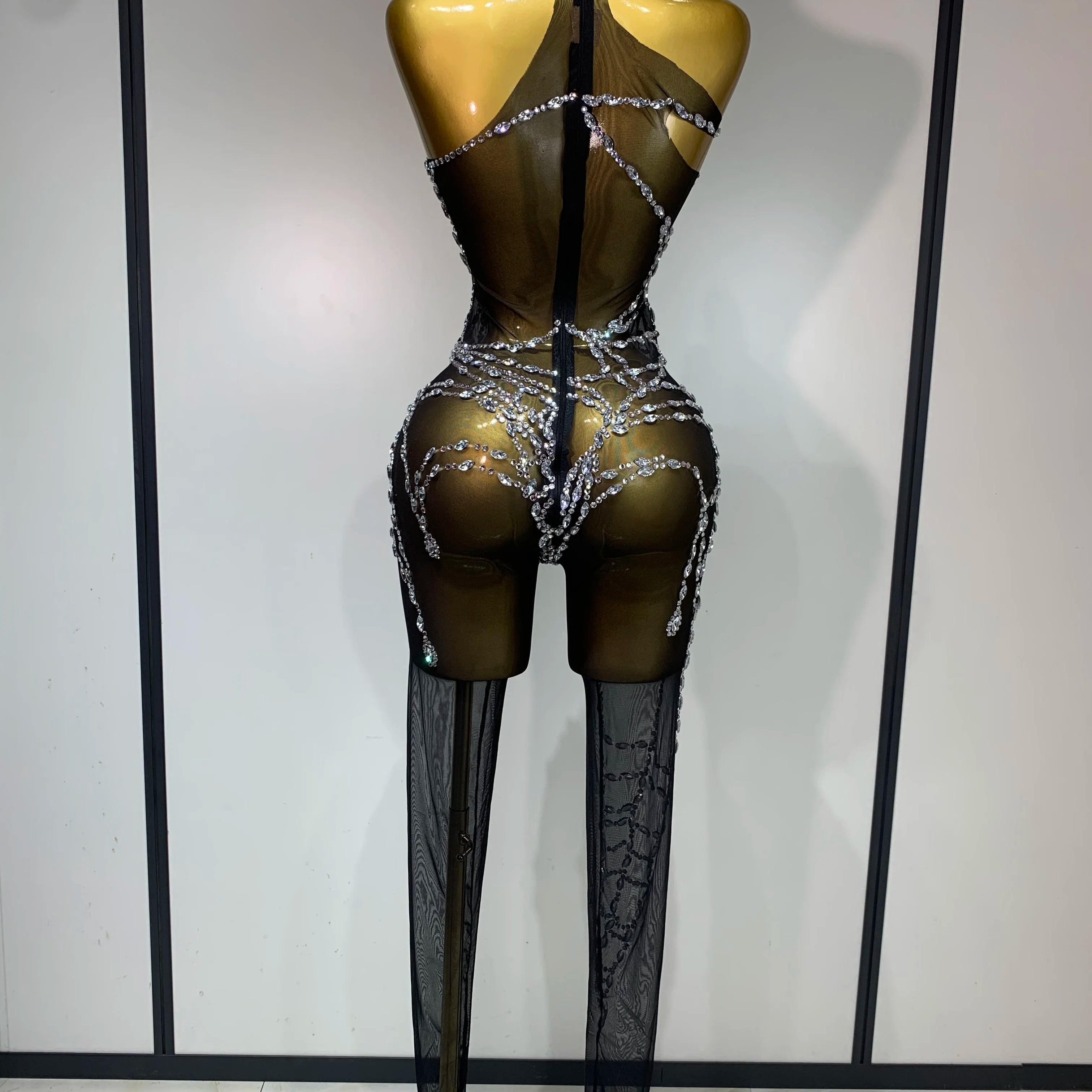 STOCK Sparkly Diamond Women Sexy Mesh Jumpsuit Nightclub Bar Party Show Gogo Dancer Clothing Drag Queen Outfit Stage Costume
