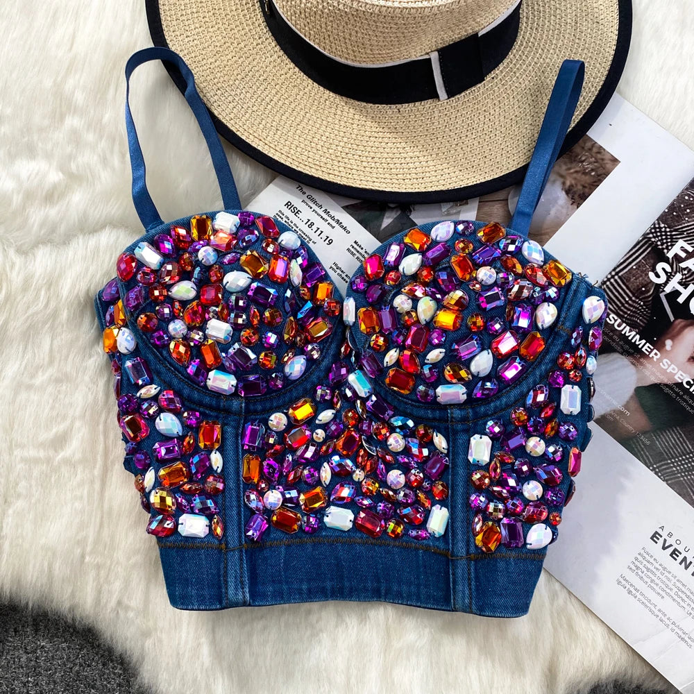 Punk Corset camisole women high waist Tube top short crop tops fashion Sparkly diamond Sequins party clubwear tank tops women picture color