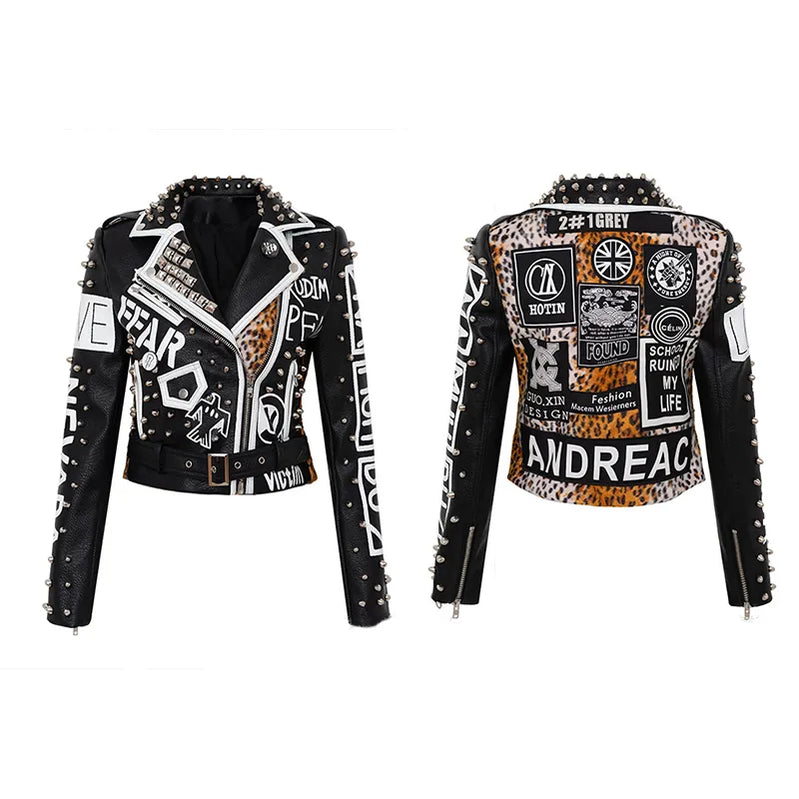 Spring Skull Pattern Graffiti Short Leather Jackets For Punk Women Rivet Slim Streetwear Motorcycle Jackets Coat 15
