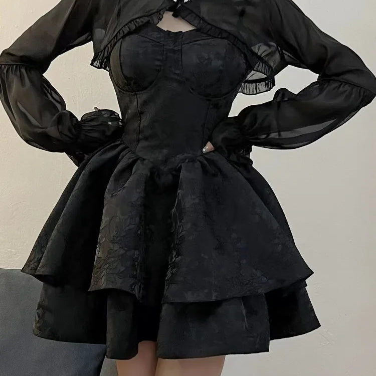 HOUZHOU Black Sexy Lolita Dress Women Gothic Vintage Mini Dresses Harajuku Long Sleeve Fairy Two-piece Dresses Party Dress Sets