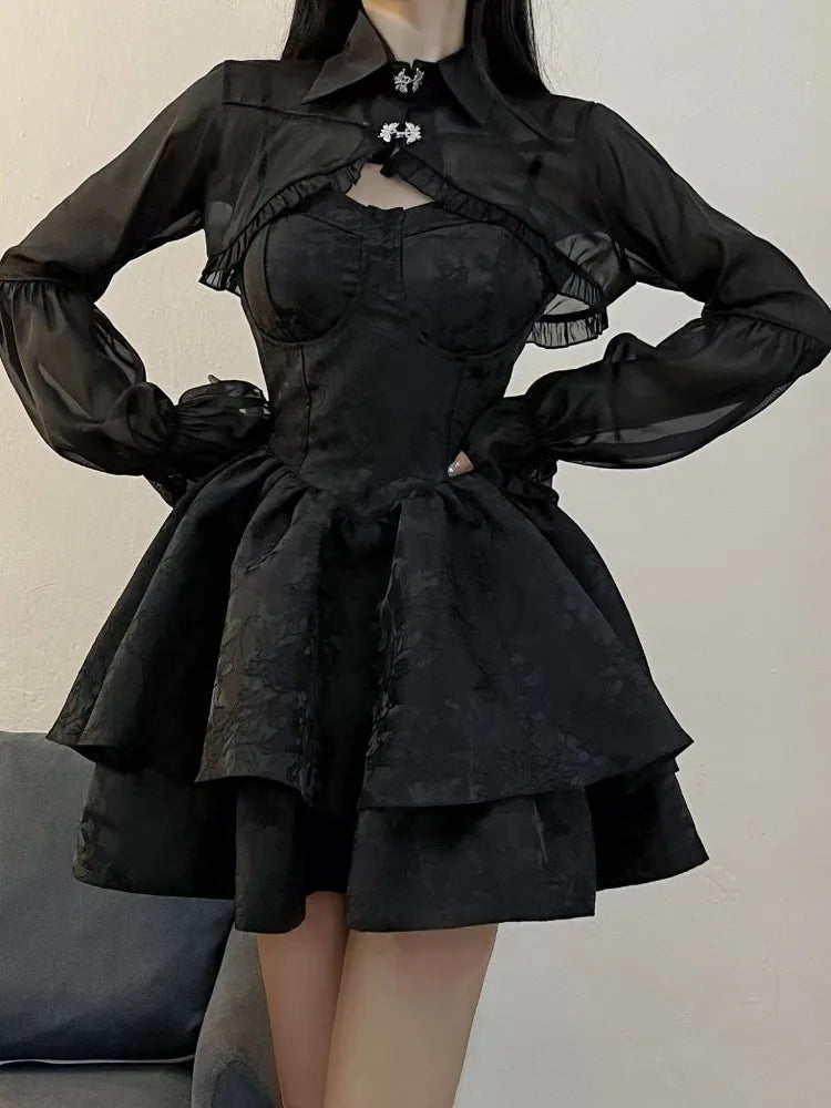 HOUZHOU Black Sexy Lolita Dress Women Gothic Vintage Mini Dresses Harajuku Long Sleeve Fairy Two-piece Dresses Party Dress Sets