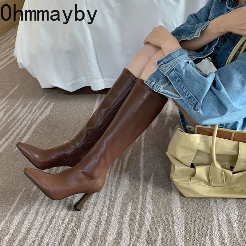 Winter Women Long Boots Fashion Thin High Heel Knee High Booties Ladies Black Brown Sexy Woman Knight Boats botas de mujer