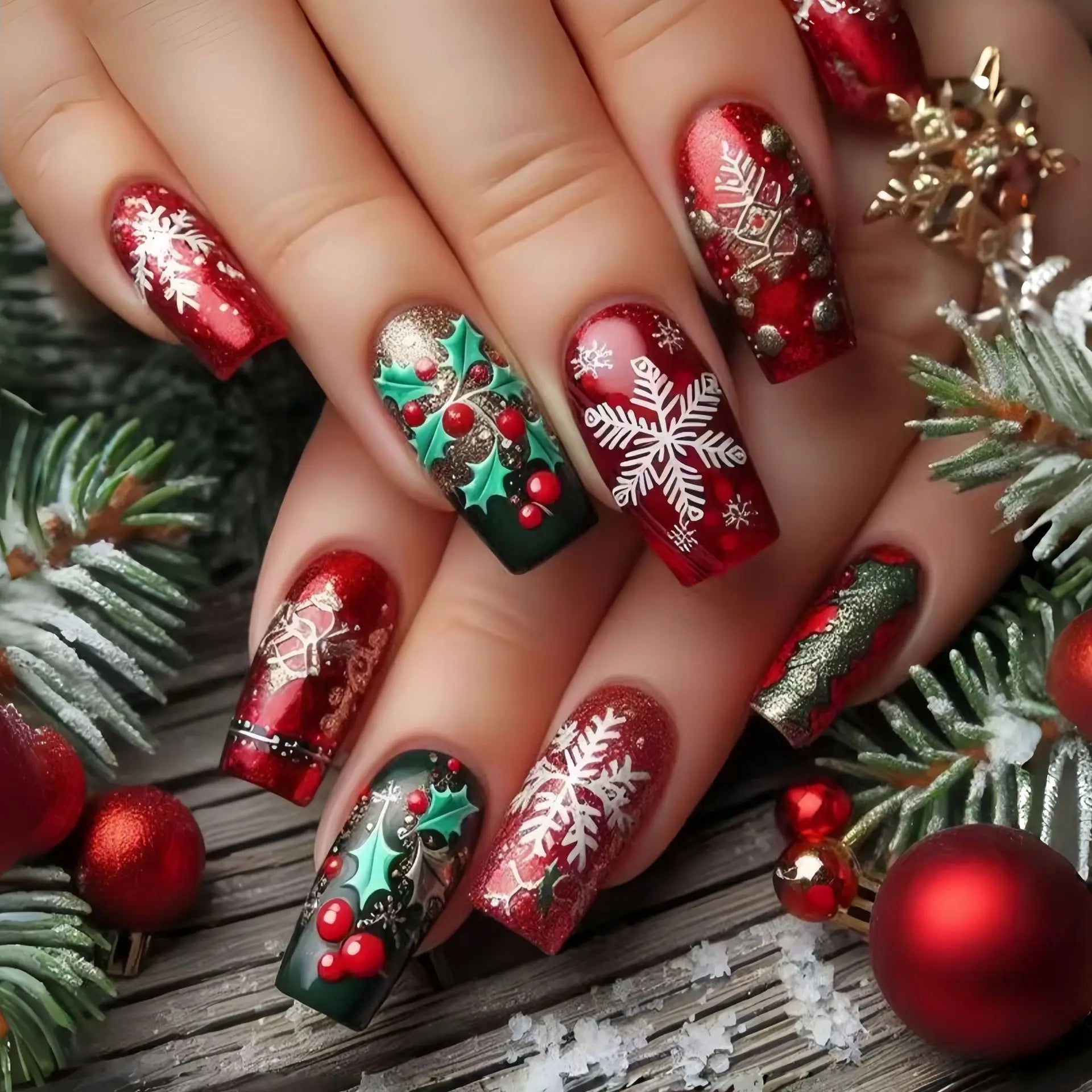 24pcs Snowflake Design Fake Nails Sets Christmas Red Mid-length Ballet Press on Nails Tips Reusable Coffin False Nail Manicure