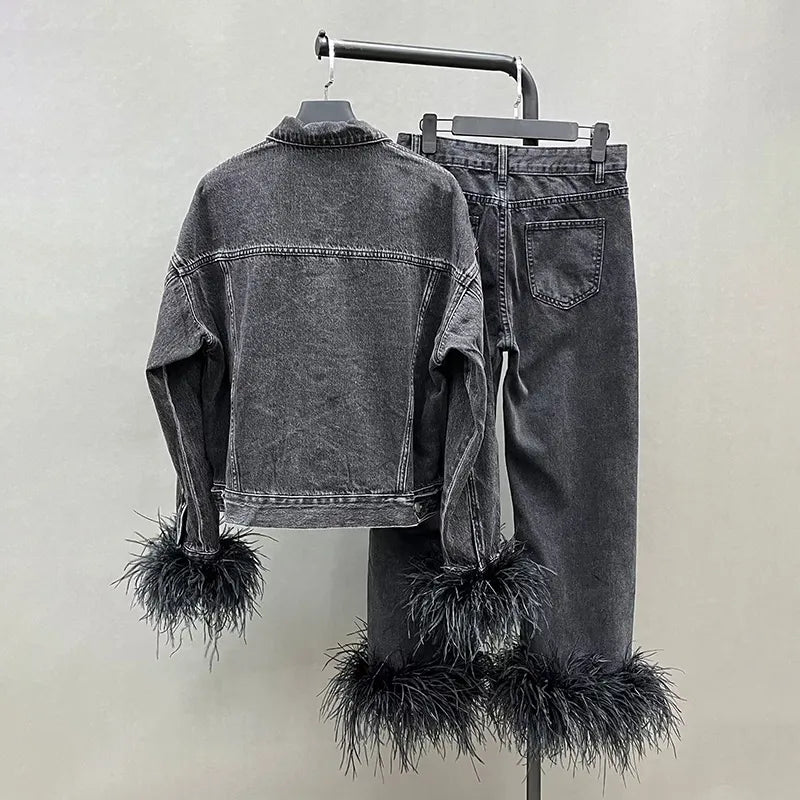 Women's Feather Cuffs Danim Blazer Suit Streetwear Two Piece Set Outfits Lady Suit New Spring Female Pants Set S5469