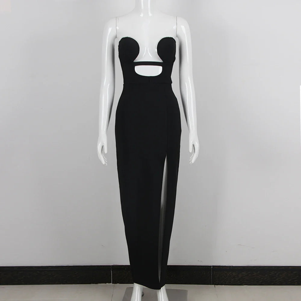 Summer Women Sexy Strapless Keyholes Bodycon Bandage Mid-calf Dress Nightclub Party Evening Dress Wholesale