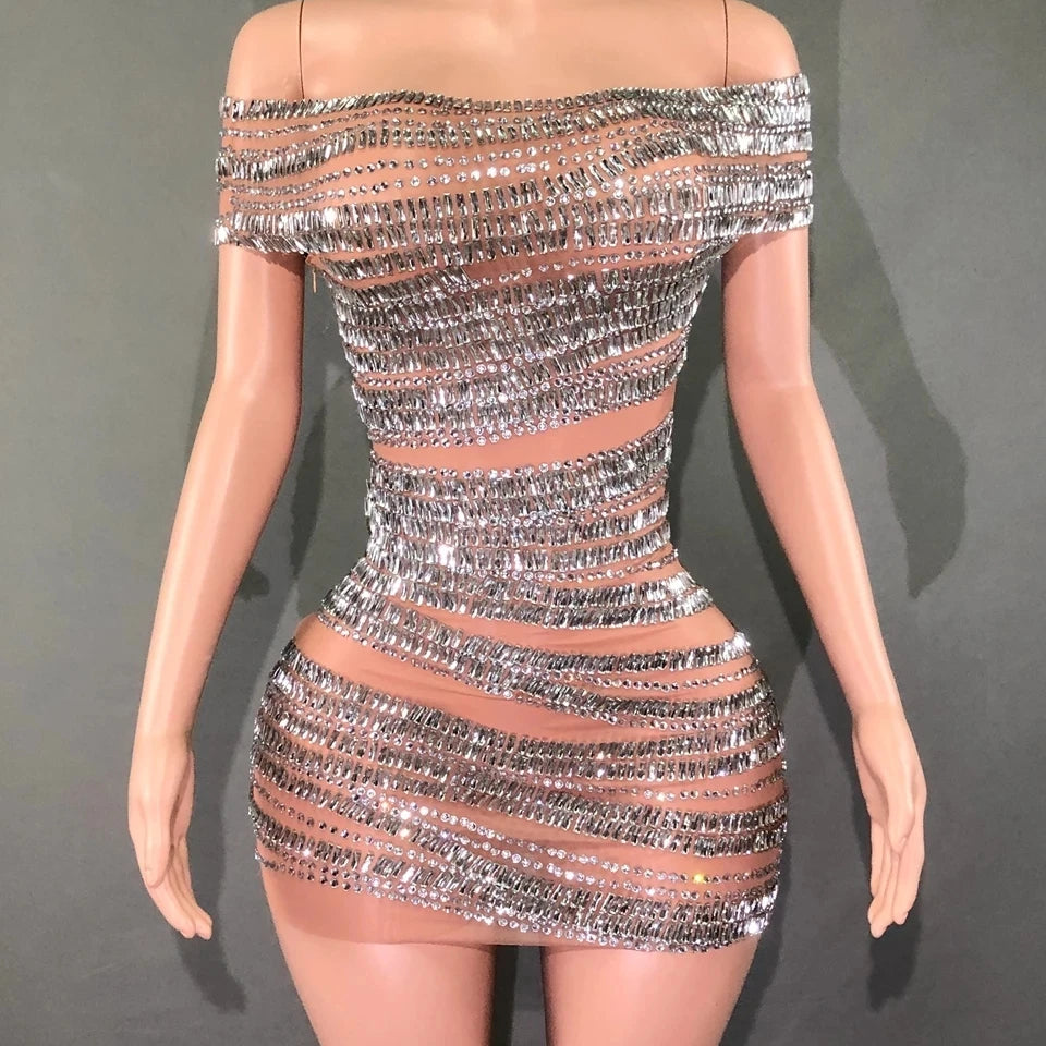 STOCKSparkly Rhinestones Short Dress for Women Sexy Off-shoulder See Through Evening Celebrate Birthday Dress Photo Shoot Stage