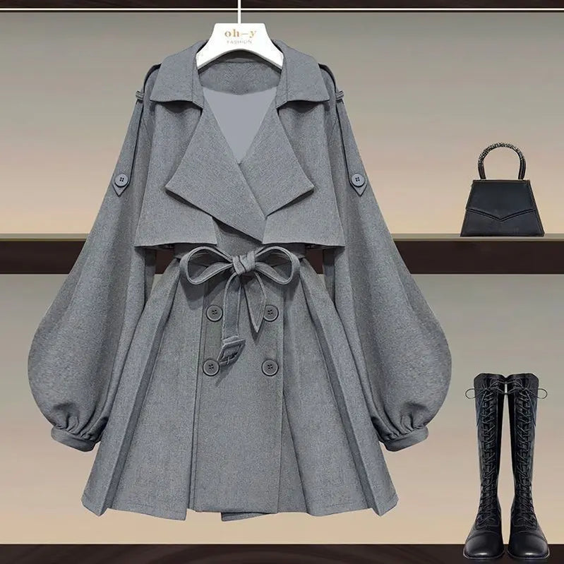 Women's Autumn/Winter New Fashion Waist Jacket Midi Skirt Two Piece Suit Korean Elegant Loose Coat Dress Matching Set Coat 02