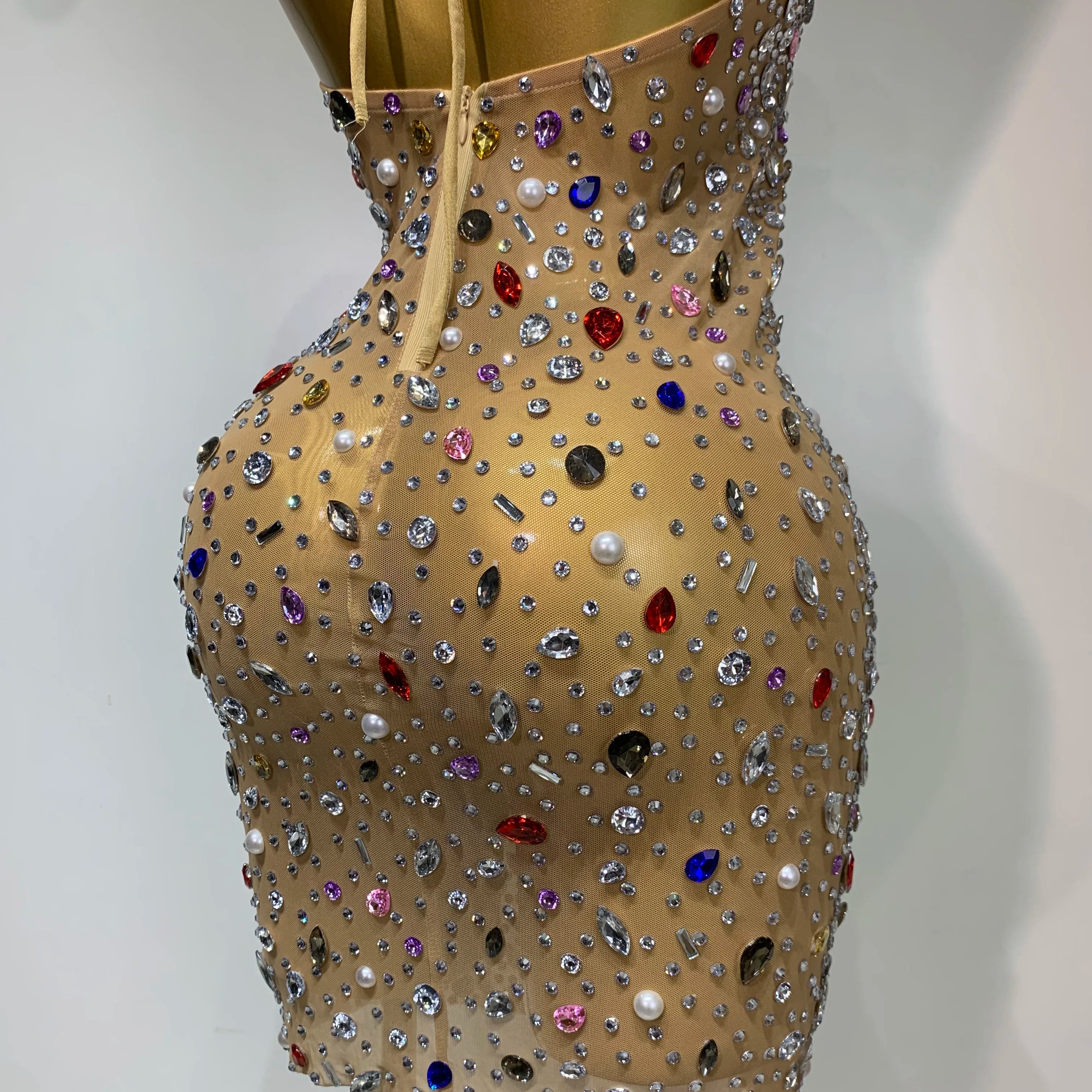 Colorful Crystals Diamond Women Sexy Halter Mesh See Through Bodycon Dress Nightclub Evening Party Celebrate Birthday Costume