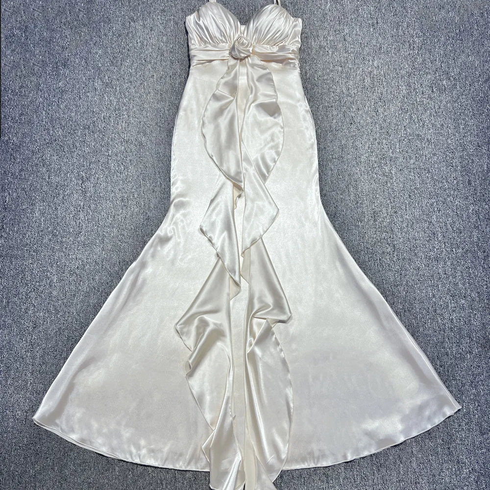 Women Sleeveless Sexy V-Neck Ruffles Bodycon Long Maxi Dress Satin Nightclub Party Celebrate Dress Wholesale