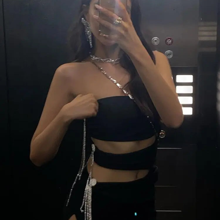 STOCK Hot Sexy Hollow Out Shining Diamonds Long Tassel Strapless Sleeveless Split Mini Dress Hotsweet Lady  Summer Party Vestido