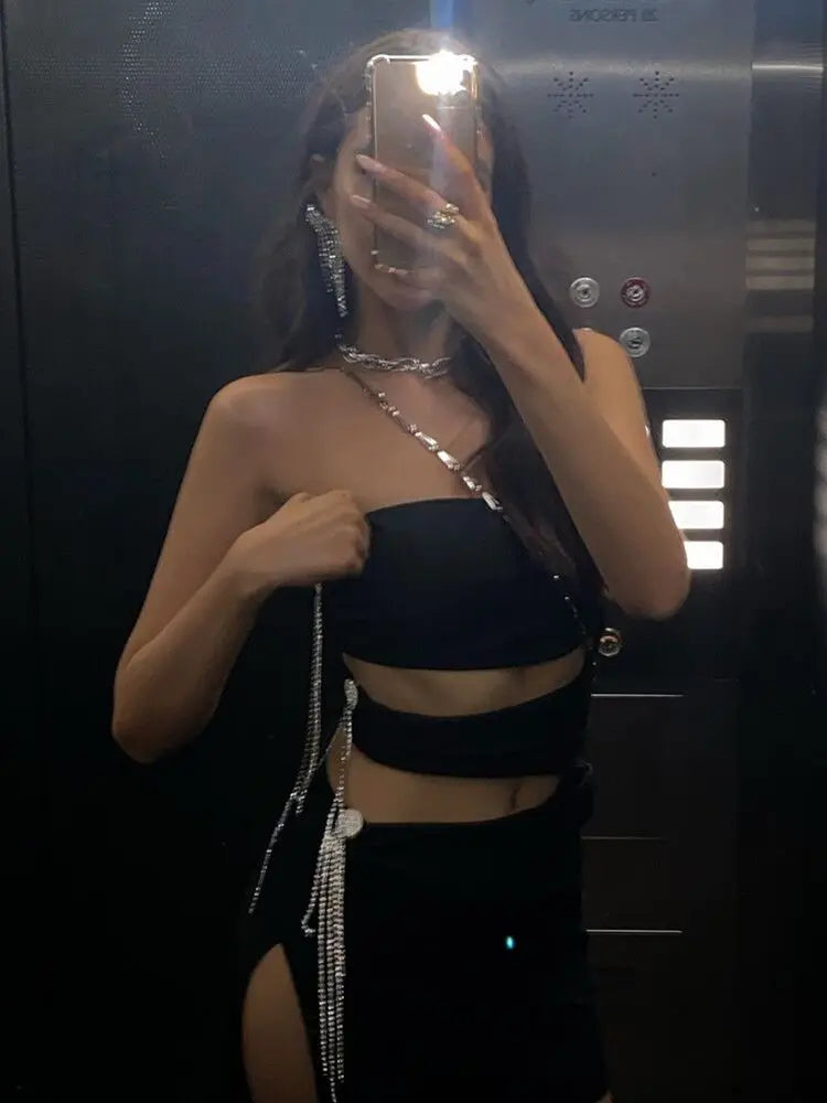 STOCK Hot Sexy Hollow Out Shining Diamonds Long Tassel Strapless Sleeveless Split Mini Dress Hotsweet Lady  Summer Party Vestido