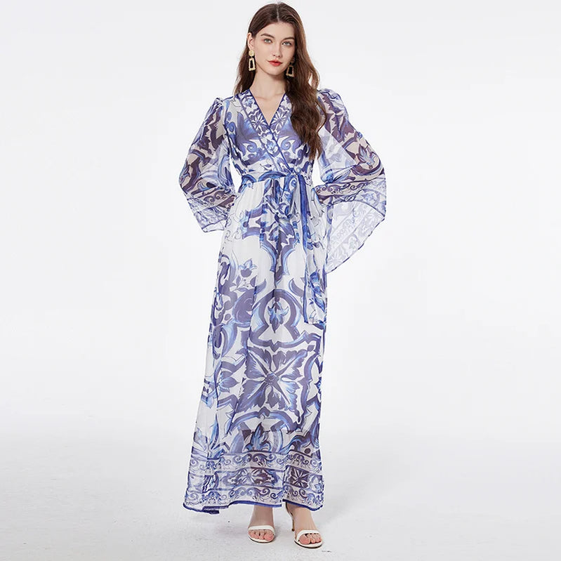 Fashion runway blue white porcelain floral maxi dress for women's summer autumn long sleeve flower printing dresses lady