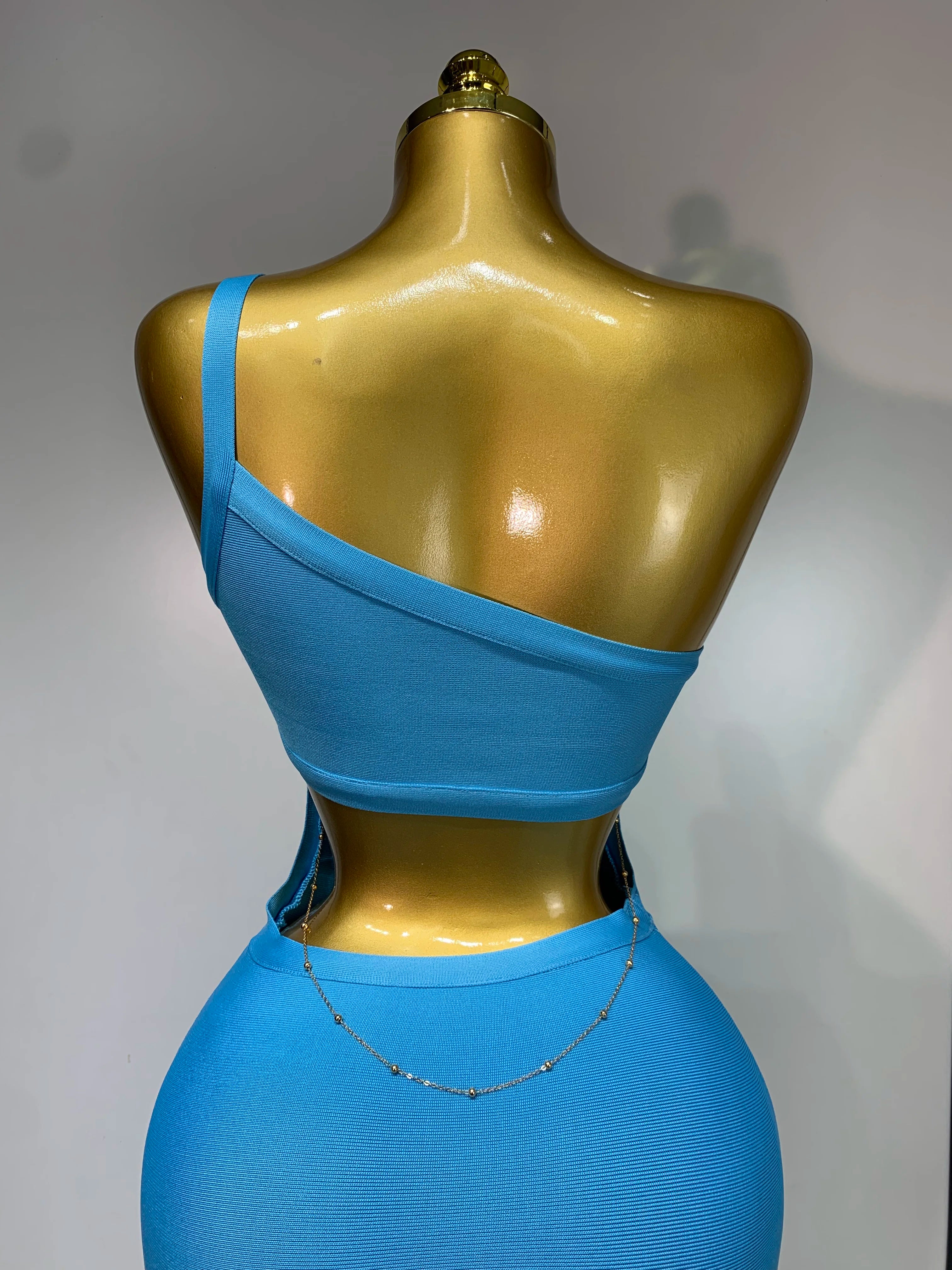 Luxury Birthday Dress Women Blue Bodycon Bandage Dress One Shoulder Sleeveless Backless Dress Cocktail Evening Party Vestidos