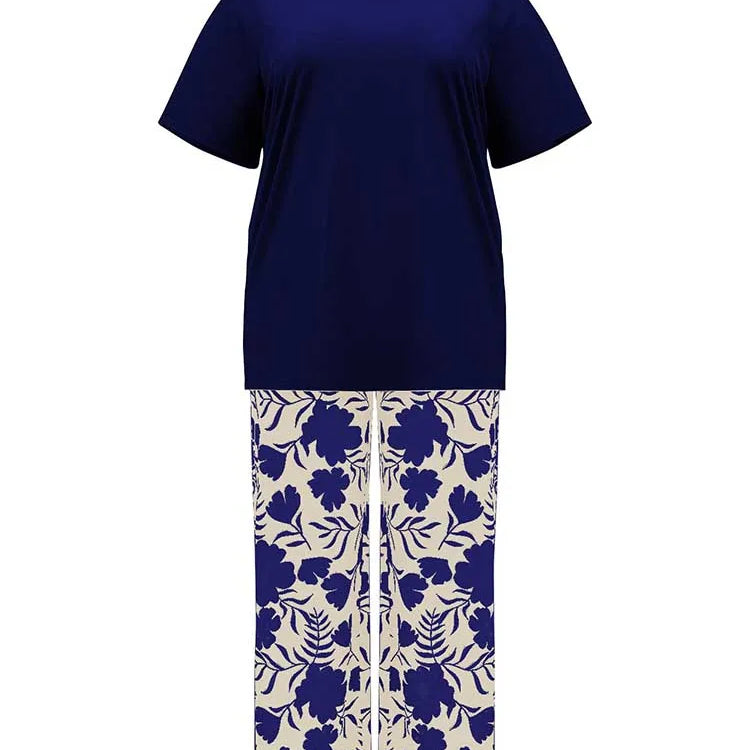 Two Piece Pants Set for Woman Summer Clothing Female Streetwear Casual Loose Tshirt and Print Trouser Plus Size Suit Set