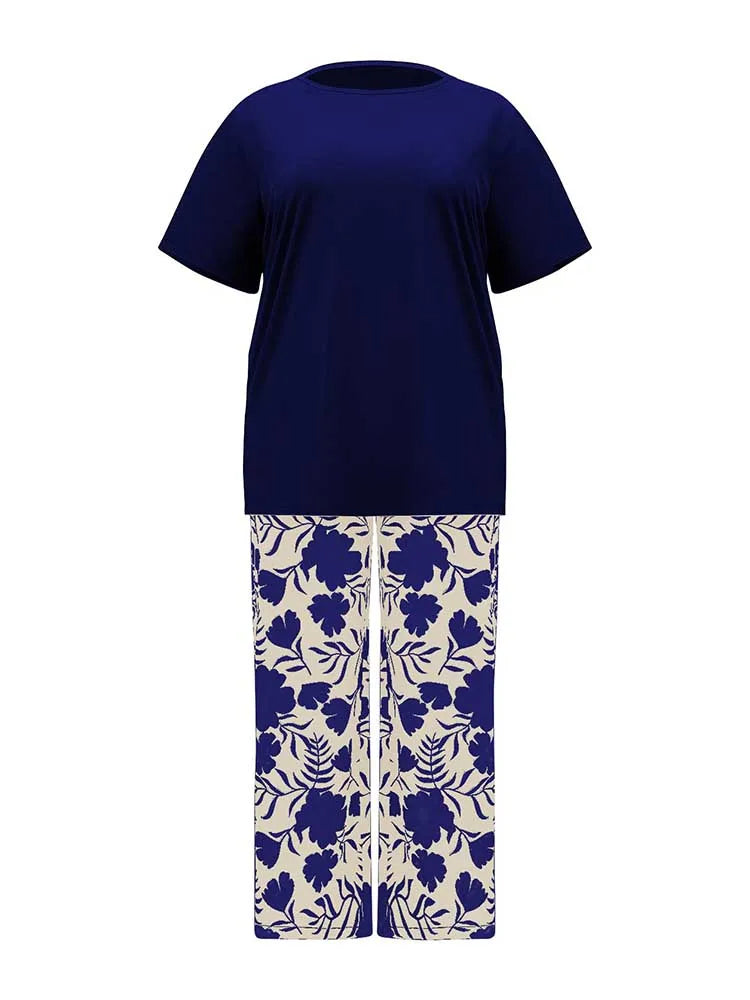 Two Piece Pants Set for Woman Summer Clothing Female Streetwear Casual Loose Tshirt and Print Trouser Plus Size Suit Set