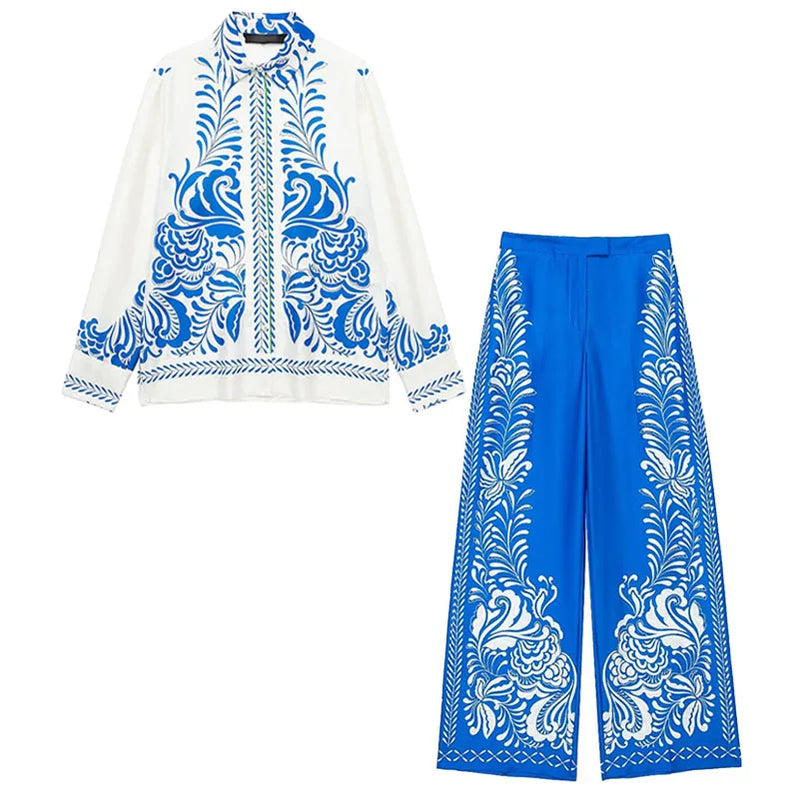 TRAFZA Women Suits Print Turn-Down Collar Long Sleeves Single Breasted Casual Shirts+High Waist Pockets Zipper Wide Leg Pants blue suit