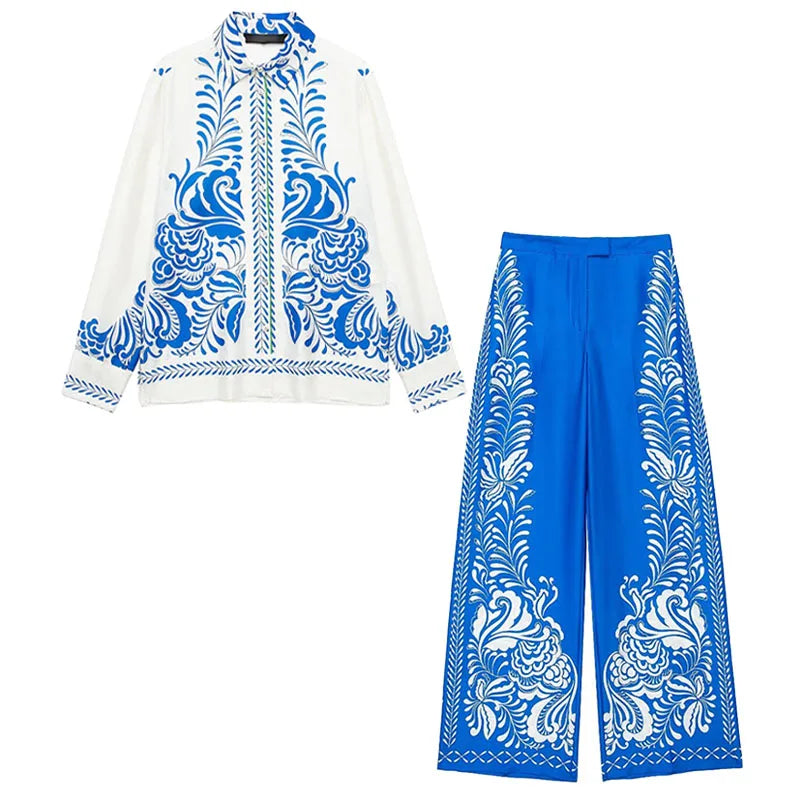 TRAFZA Women Pants Set Print Turn-Down Collar Long Sleeves Single Breasted Casual Shirts+High Waist Pocket Zipper Wide Leg Pant blue suit