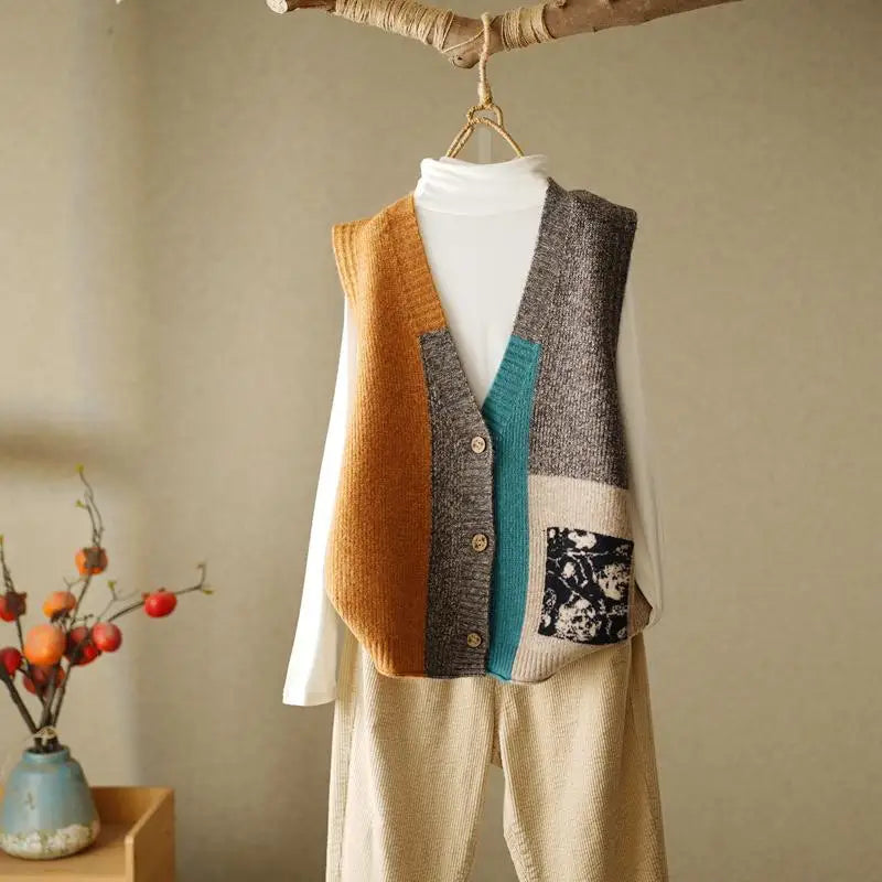 Retro Knitted Vest Cardigan Autumn/Winter Loose Design Sense Small Sweater Tank Top Women Outwear Sweater Vest Female Yellow One Size