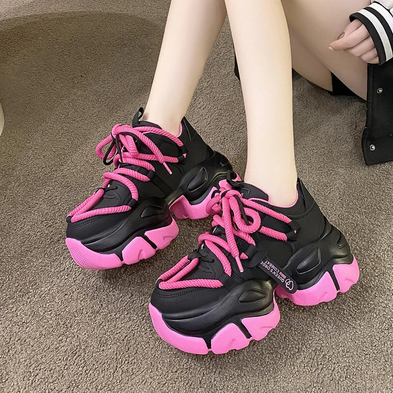 Women High Platform Sneakers 2023 New Autumn Breathable Chunky Dad Casual Shoes 7.5CM Thick Sole Trainers Leather Sneakers Woman