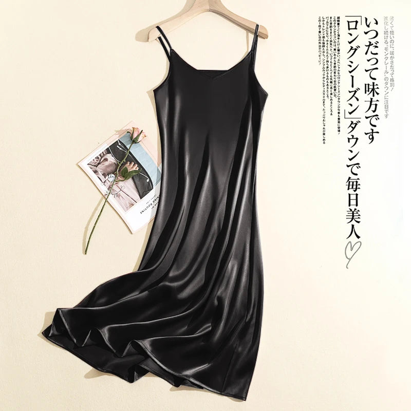 2024 Summer Chic Elegant Dresses For Women Adjustable Strap Satin Long Birthday Party Dresses Maxi Beach Sundress Robe Vestido black