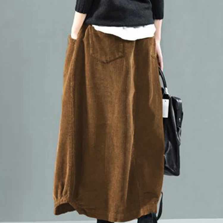Women Corduroy Skirts Casual Elastic Waist Long Skirt Female Faldas Saia Autumn Vintage Solid Jupe Vestidos Oversize
