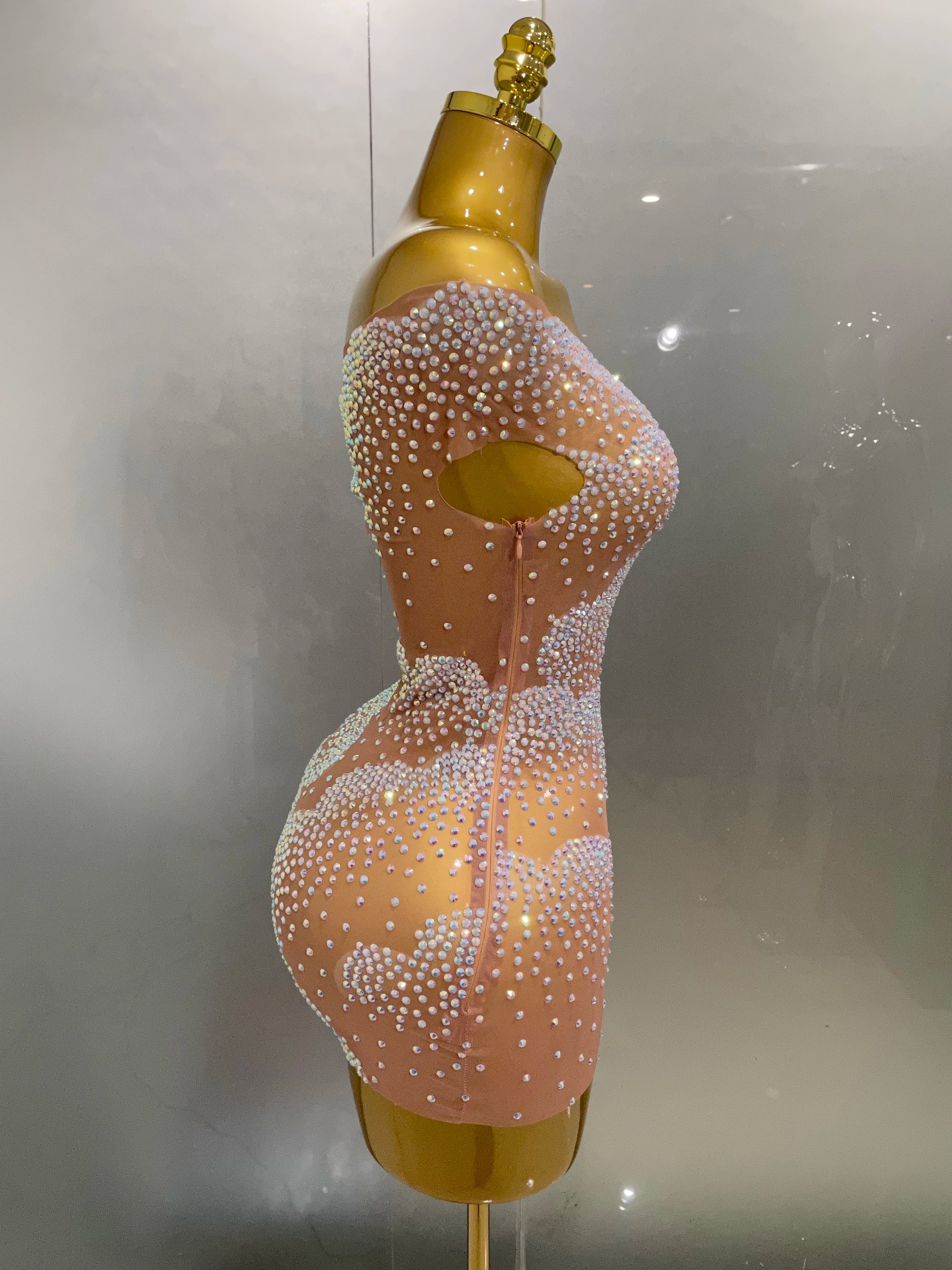 Sexy Sparkle Rhinestone Transparent Stretch Mini Dress 2025 New Women Evening Birthday Party Club Stage Performance Costume