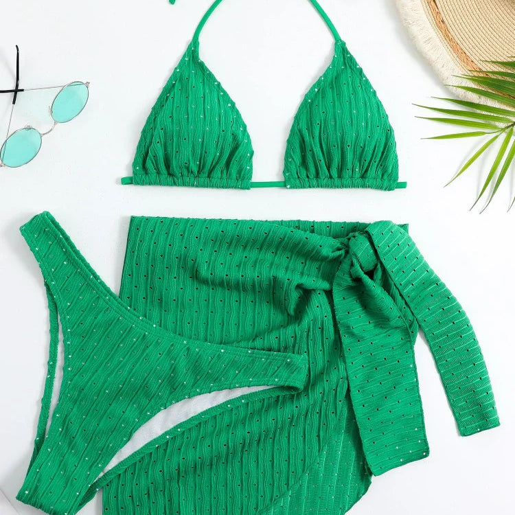 2023 New 3 Pieces Set Swimsuit Women Thong Swimwear Sexy Micro Bikini Set With Sarong Skirt White Beachwear Bathing Suit Pink green