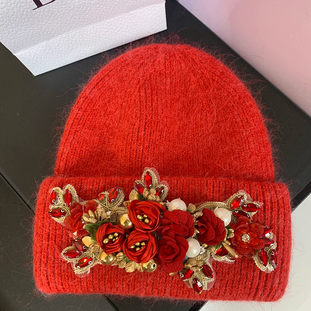 Casual Outdoor Warm Ear Protection Skiing Knitted Cap Luxury Winter Women Beanie Hat Crystal Rabbit Fur Knitted Hat for Women red