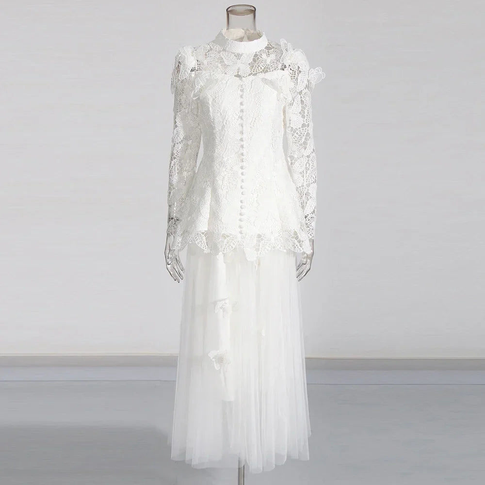 Solid Two Piece Sets for Women Stand Collar Long Sleeve Spliced Applique Top High Wasit Patchwork Mesh Skirt Female