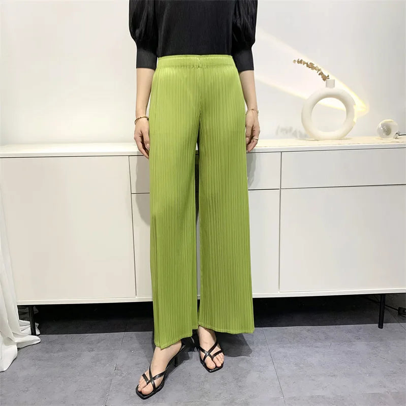 Summer Pants Women Hitching Piece Comfortable Casual New Loose Straight Pants Wide Leg High Waist Thin Pleated Pants Bean green One Size