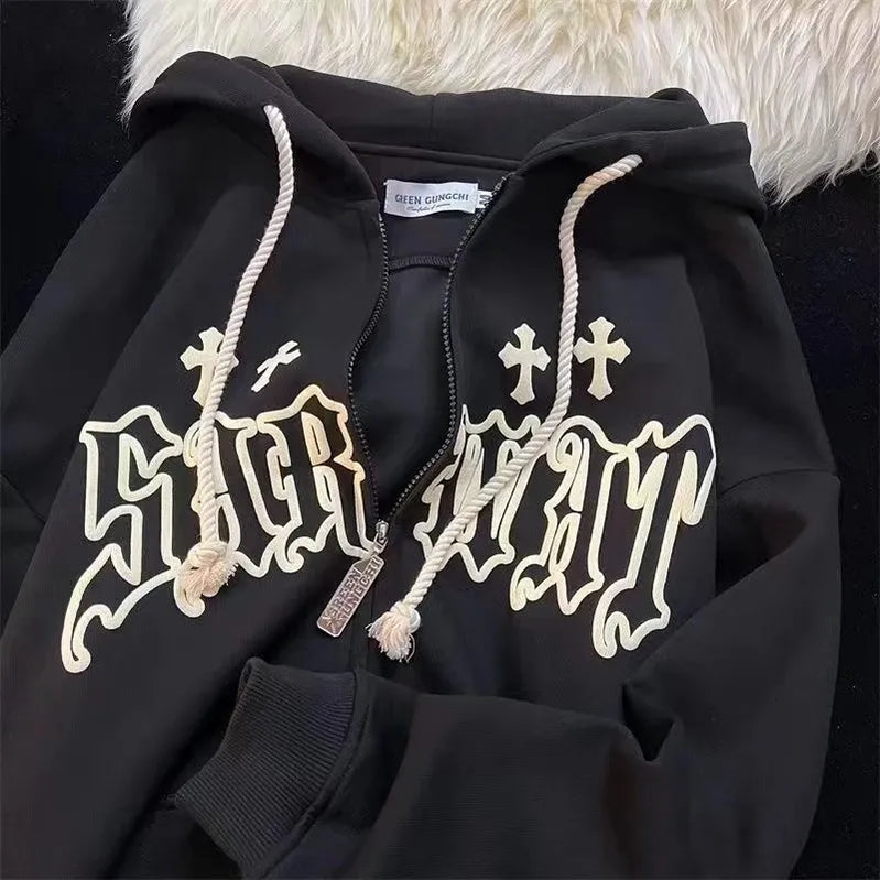 Goth Embroidery Hoodies Women High Street Harajuku Retro Hip Hop Zip Up Hoodie Loose Man Sweatshirt Hoodie Clothes Y2K Hoodie Black