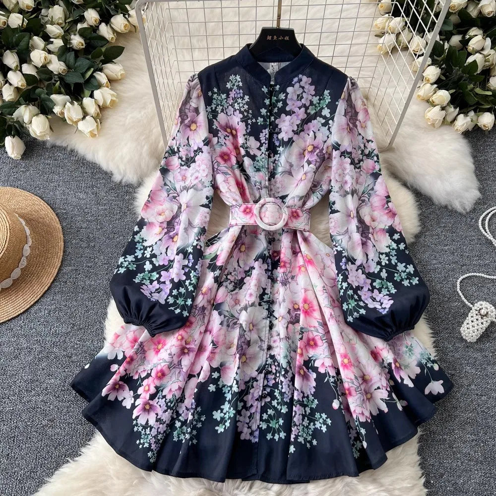 Roupas femininas de linho primavera verão passarela moda floral estampa vintage vestido gola alta manga lanterna cinto mini vestido