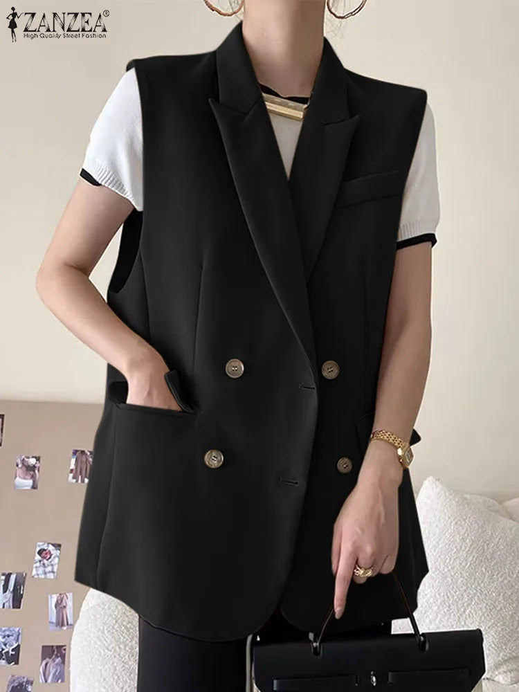 Fashion Women Vests Korean Style Sleeveless Casual Blazer Elegant Peak Lapel Suit Coats Oversize OL Black Vests