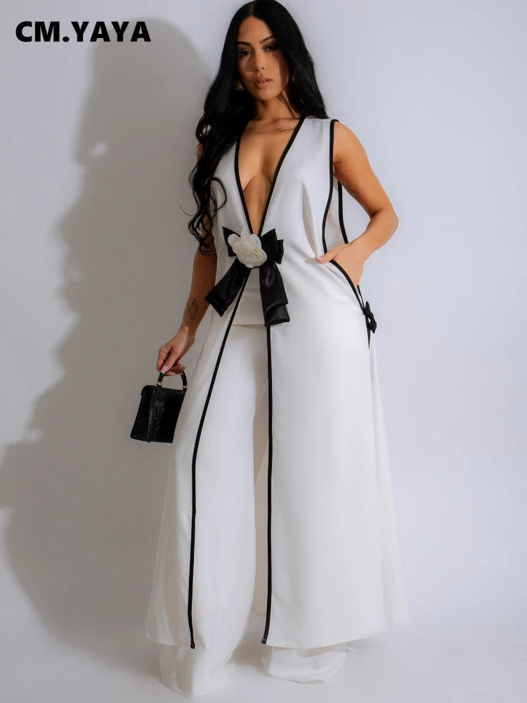 CM.YAYA Women Set 3D Flower Sleeveless V-neck X-long Shirt Coats + Wide Leg Pants Two 2 Piece Sets Fashion Outfits 2024 Summer