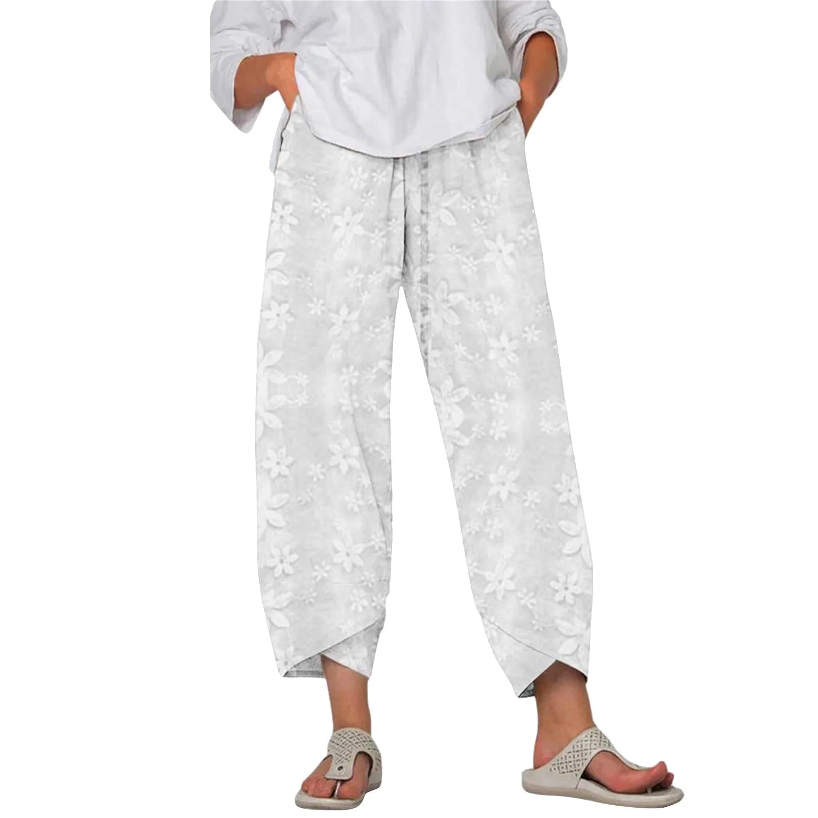 Womens Lace Knit Jogging Pants Trendy Solid Color Floral Harem Pants Loose Double Pocket Trousers Hawaiian Beach Vacation Pants White CN