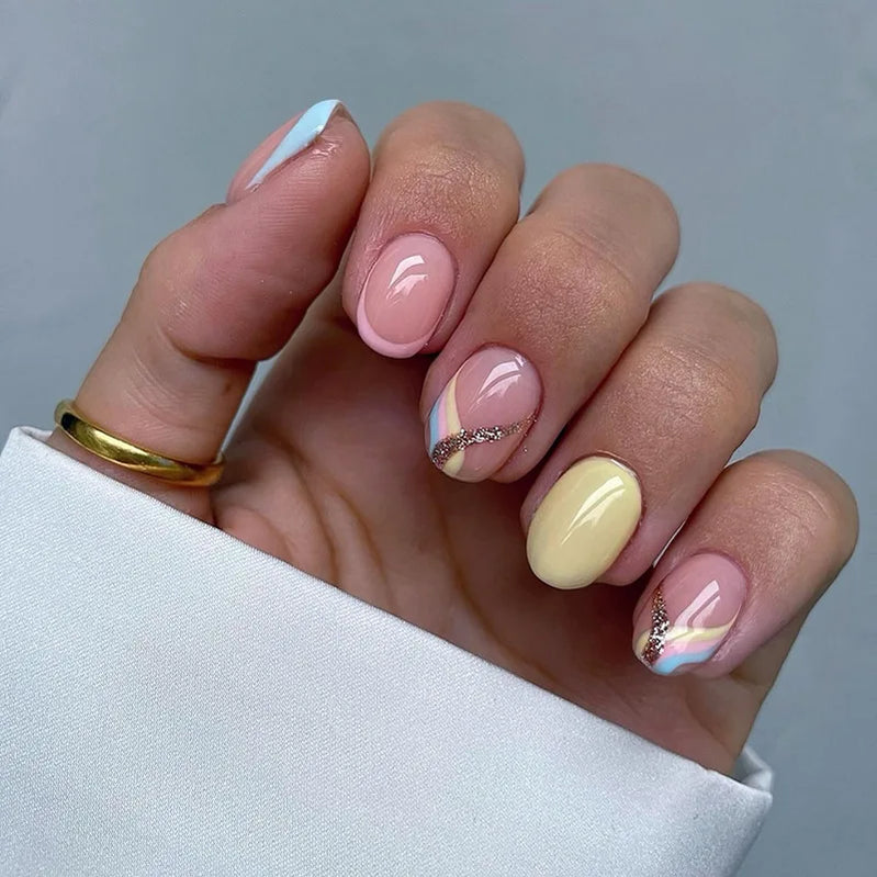 24Pcs Green French Press on Fake Nails with Almond Head Design 3D Flower Full Cover Nail Art Tips Short Round Head False Nails