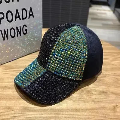 Summer Ladies Baseball Cap Korean Wild Spring and Autumn Rhinestone Caps Fashion Personality Street Highlights Hip-hop Hats PZ- black green 55-60cm