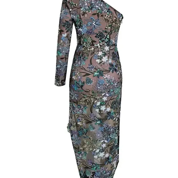 Sexy Women One Shoulder Long Sleeves Luxury Sequin Floral Embroidered Asymmetric Flower Slim Long Dress Bodycon Party Dress