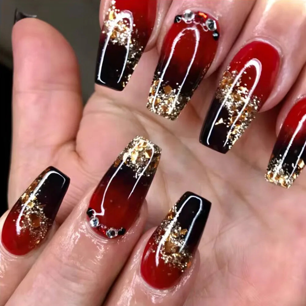 24pcs/set short medium fake nails square ballet tips new year red gradient colors with glitters faux ongles press on false nail