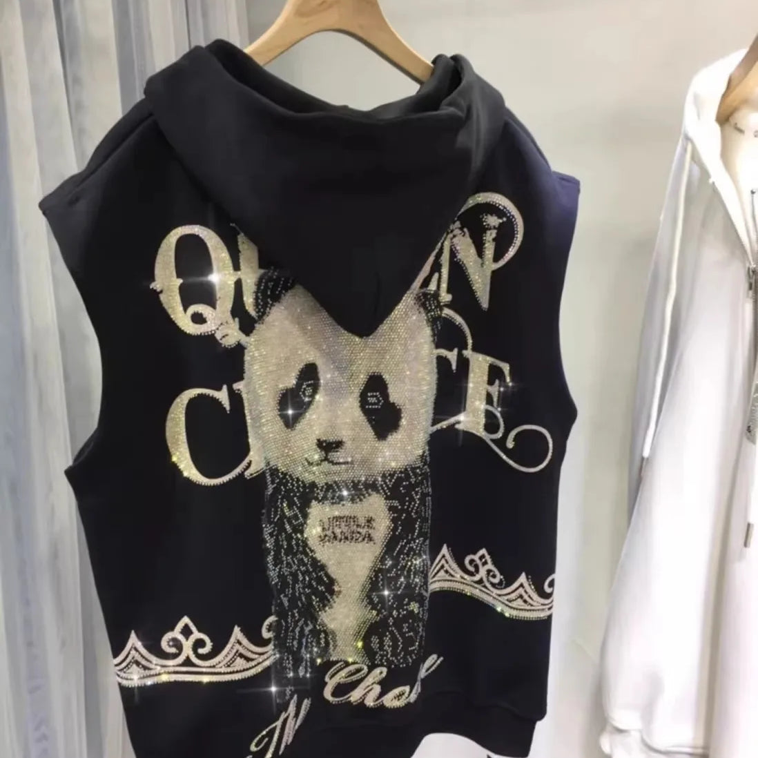 Plus Size Animal Letter Stamping Diamond Women's Jackets Sleeveless Hooded Fashion New Coat Vest Autumn Winter Female Cardigan black