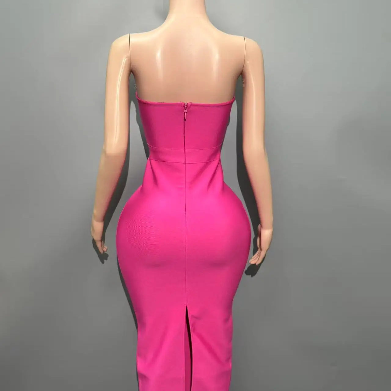 Rosered Color Women Sexy Strapless Shinning Crystal Bodycon Bandage Mid-calf Dress Nightclub Party Celebrate Birthday Outfit