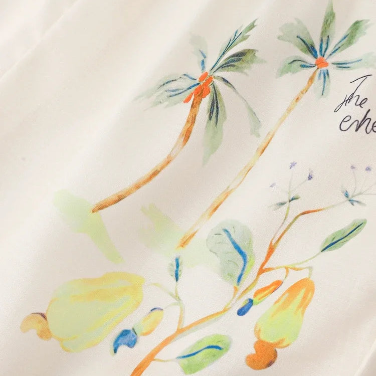 Plant Flowers Birds Printed 2 Pieces Set Women Holiday Short Sleeve Button Up V-neck Shirts Top Suit High Waist Shorts Outfits